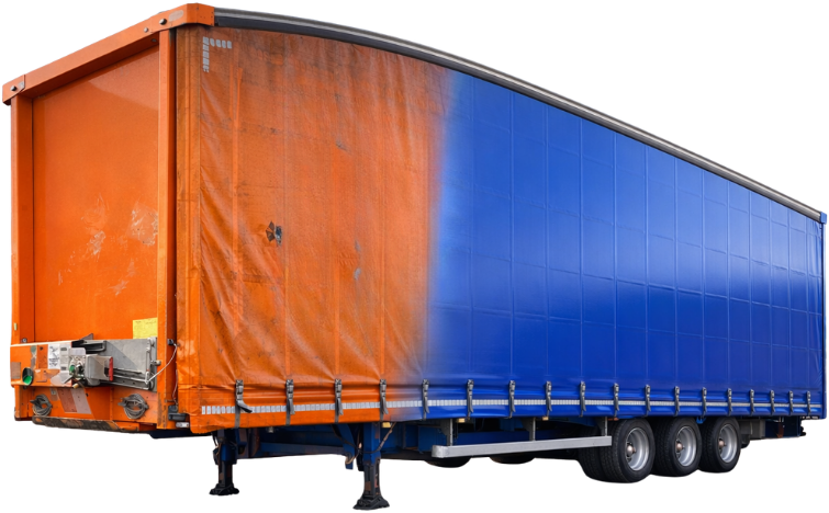 A curtain-side trailer part way through refurbishment, showing the tired finish on the left and the rebuilt finish on the right